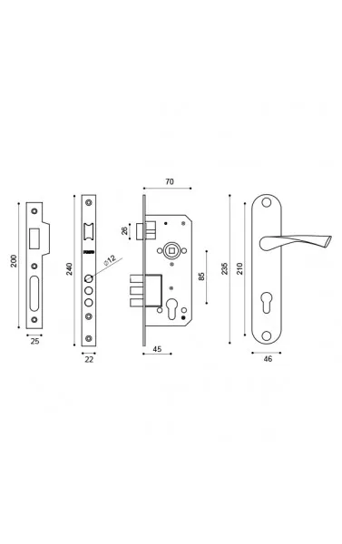 Замок врезной цилиндровый с защёлкой в комплекте с ручкой KIT P90 4585/3 CRONA AB (бронза), 5 кл.