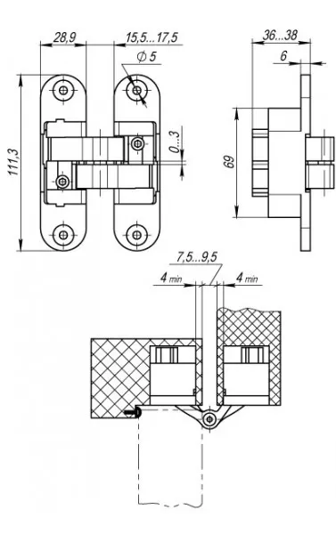 Петля скрытой установки U3D6200L SN левая (Architect 3D-ACH 60) мат. никель 60 кг