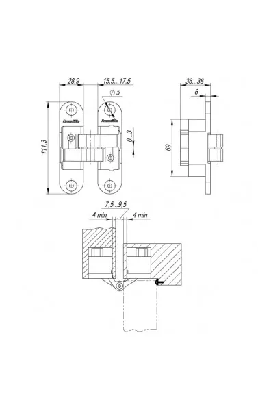 Петля скрытой установки U3D6200R SN правая (Architect 3D-ACH 60) мат. никель 60 кг